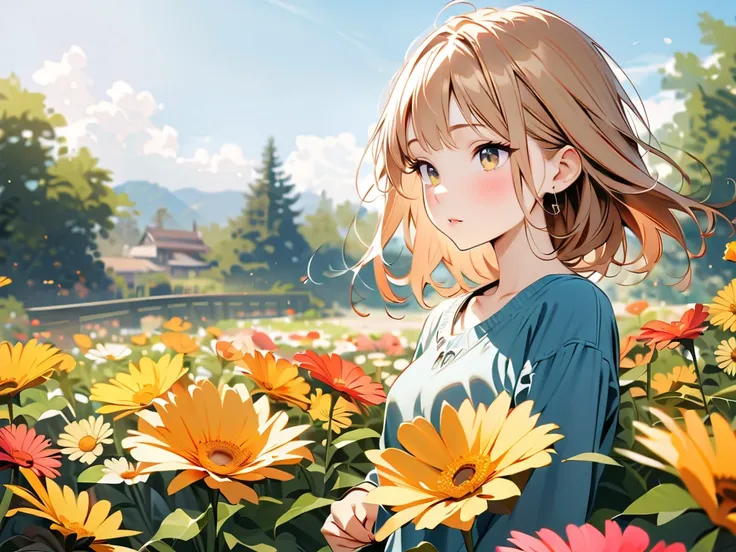 ( High Quality, 4K,  high definition , Masterpiece level: 1.2), Ultra-fine, Seizo Watase Style, Yellow Flower, Gerbera, garden,  girl,  blue sky,  Movie-like .