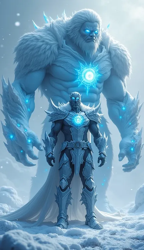 "A male superhero with the ability to control ice and summon ice creatures. His rugged, cold-themed suit is adorned with sharp crystalline ice armor. and a mask He stands in an icy tundra, his hands raised, summoning a large ice beast that towers behind hi...