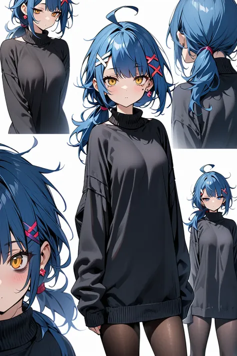 High image quality
 1 girl ,  Golden Eyes ,   Blue Hair、 shortcuts,   low ponytail in tights、  Earrings for One Woman ,  Ahoge,   asymmetrical bang ,  x-shaped hair ornament,  A large sweater showing the right shoulder、 hotpants、 Half-open eyes、 dark circl...