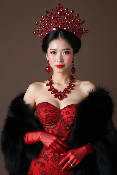 Photo of Asian woman  ,  wears a crystal fancy dress made of red ruby,  red dress in black coating ,  using beautiful black crown ,  has fur on  ,  using transparent gloves with red colored jewelry , has a face that e 