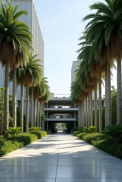 Palm farm entrance with parking garage