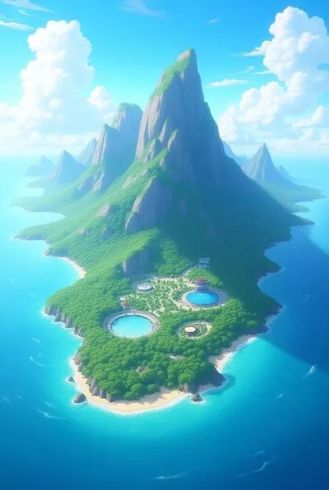 Looking up，Anime simple style ， An island surrounded by the sea on all sides ， The island has mountains, dense forests, lakes, water parks, and stadium buildings