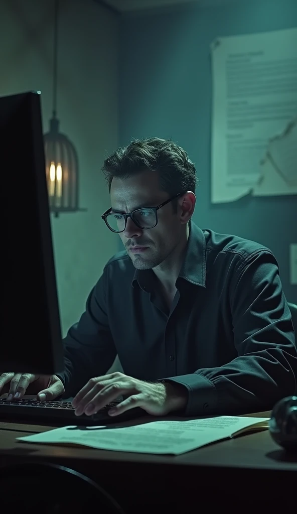 a man sitting on computer. have evil face. typing on computer. wearing glasses, in a dim light werid office, horor looking atmosphere