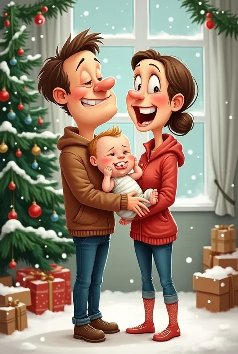 Funny caricature of a couple of new parents holding their  in their arms with Christmas background in cartoon style 