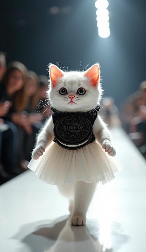 (photorealism:1.2), cute cat wearing Oreo dress walking on the runway q