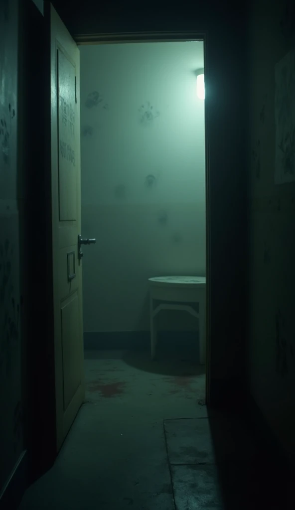 "The background is blurred, but hints of faint handprints or scratches on the walls give the room a trapped, claustrophobic feeling."
