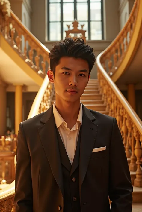  Japanese， Portrait of a Young Asian Male，Bright light，Leisure，Upper Body Composition ， look into the camera ， suit jacket ，ornate staircase background