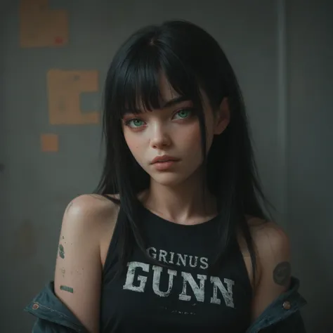  Sexy girl with grunge style black hair and bangs,  green eyes, en un 