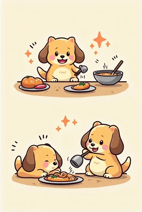 chibi style,   Two-panel comic strip, Dot Halftone,   flat color,A dog that cooks, seems to be having fun,