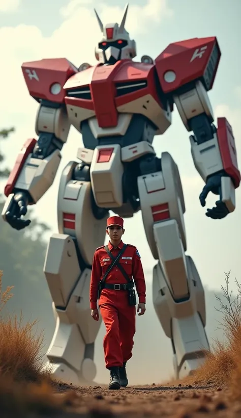 An Indonesian soldier advancing, with a giant robot in red and white behind him. The robot has a modern appearance, inspired by Indonesias diverse culture.