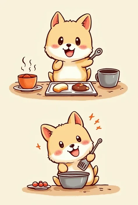 chibi style,   Two-panel comic strip, Dot Halftone,   flat color,A dog that cooks, seems to be having fun,