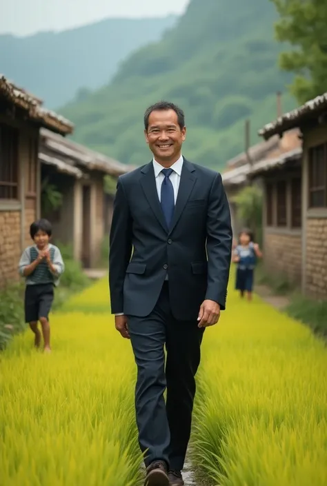 Photorealistic half-body portrait of a man in a suit walking within a traditional rural community, surrounded by rice paddies. He looks directly at the camera with a warm, approachable expression. Background shows detailed rustic houses, walls, and ren pla...