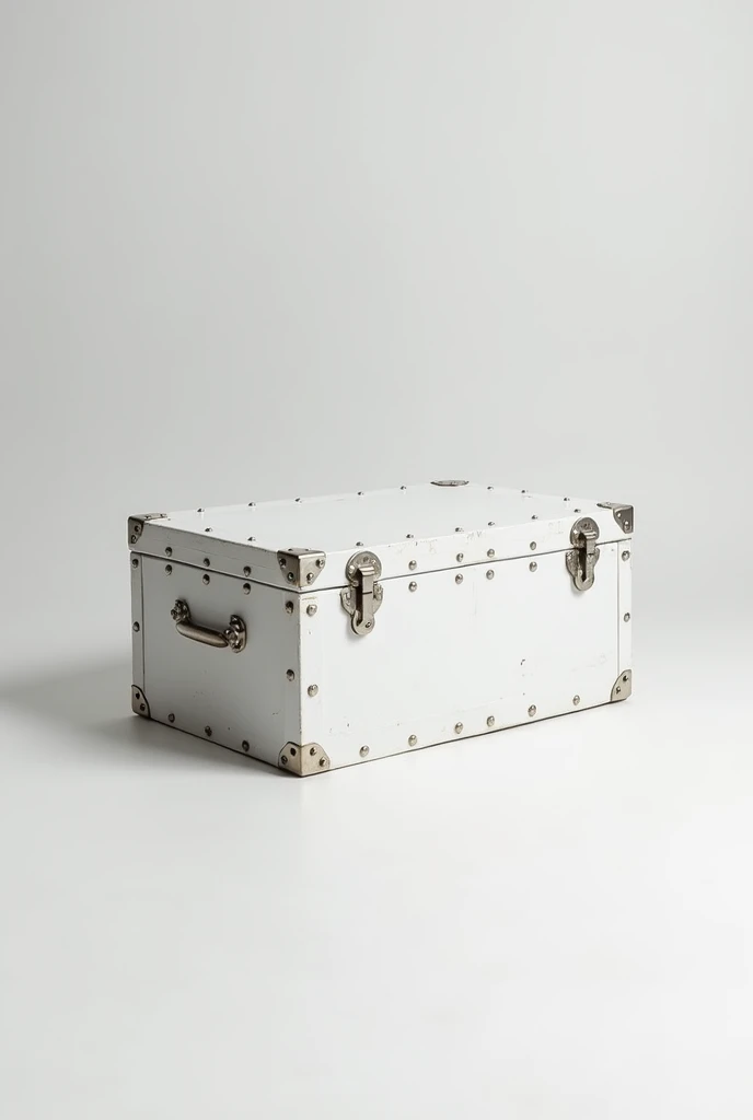 A metal box designed to resemble a machine gun ammunition crate, featuring realistic details like rivets, handles, and reinforced edges. The box is entirely white in a neutral tone, set against a clean, uniform studio background with no additional elements...