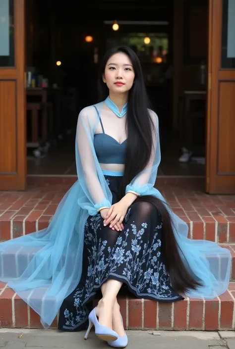 A young chinese lady is at the N-32 cafe, Kalaw,Myanmar. A young lady is very cute and have pink lip with dimple.She is sitting on the brick stair in front of the cafe shop.Wearing a burmese traditiinal dress transparent waist blouse light blue with black ...