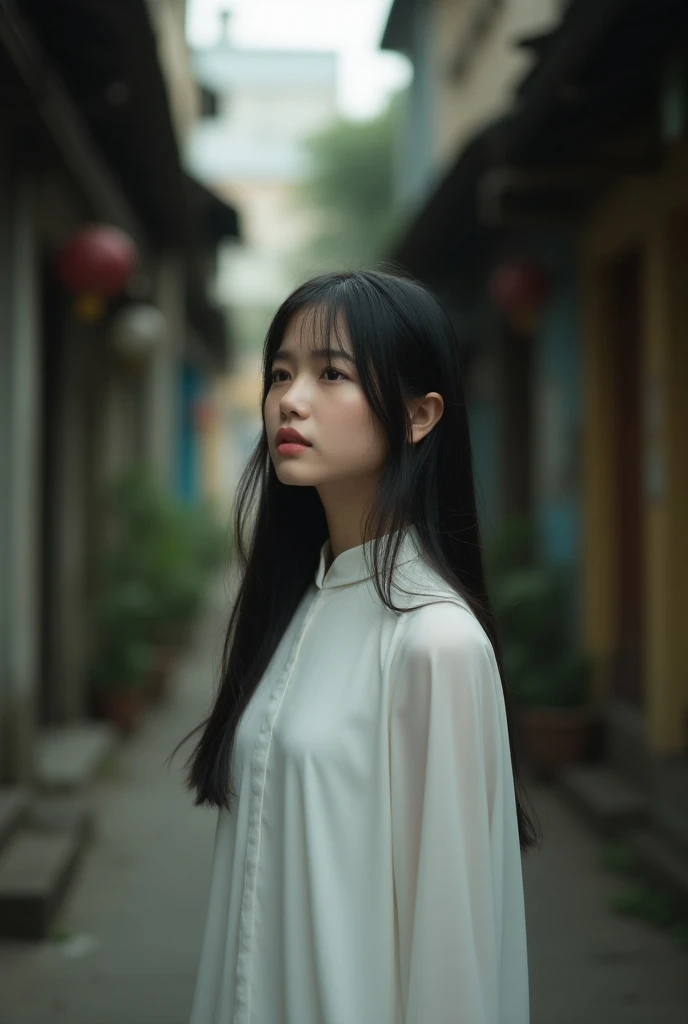 A young Vietnamese girl with straight black hair, wearing a pure white Ao Dai, standing alone in a narrow alley in Ho Chi Minh City. The scene captures the girl gazing slightly upwards with a serene and contemplative expression. The alley is quiet and old,...