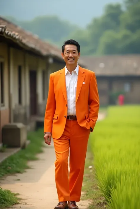 Photorealistic half-body portrait of a man in an orange suit walking within a traditional rural community, surrounded by rice paddies. He looks directly at the camera with a warm, approachable expression. Background includes rustic houses, walls, and ren p...