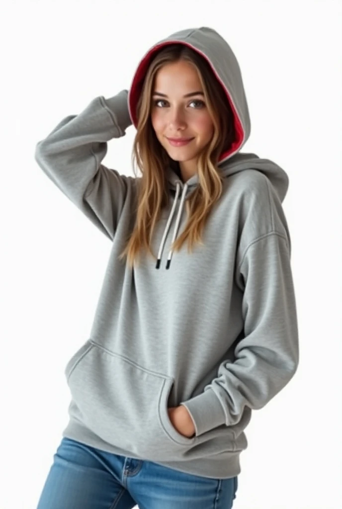  A young European girl of 25 years old ,Beautiful body ,perfect body shape, wearing a grey long-sleeved loose-fitting hoodie T ,Inside is red , A large pocket with a left and right hole under the clothes,hat ts hat naturally backwards ,long hair, headwear ...