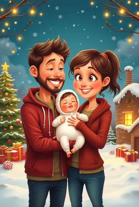 Sweet and funny caricature of a couple of new parents holding their  in their arms with Christmas background in cartoon style 