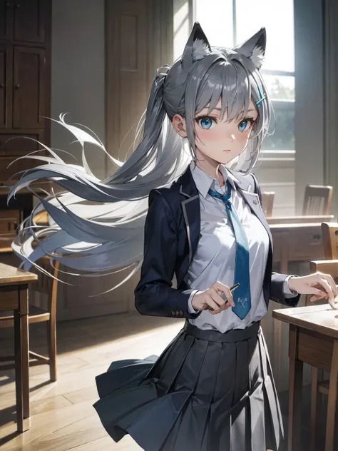  perfect anatomy,masterpiece, Hi-Res, Super detailed,Sand Wolf Shiroko,  animal ears ,  blue eyes, Grey Hair,  hair ornament, hairpin, blazers、 pleated skirt、tie、School、indoor
