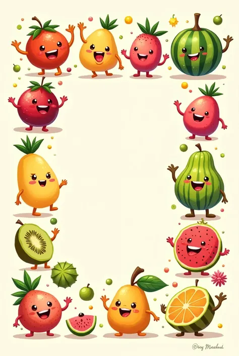   Draw like small fruits, namely kiwi watermelon pitahaya standing and waving for now as this will be the back cover for the fruit encyclopedia .  Draw them with happy faces  . Let them be in different poses  . 