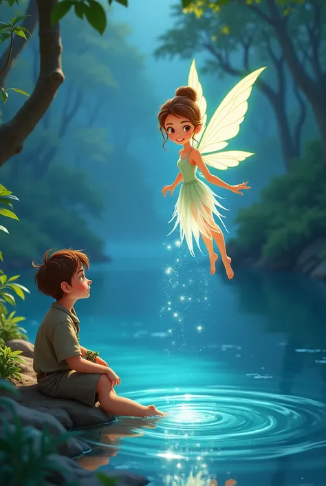 beautiful, glowing water fairy emerges from the river, floating gracefully above the water. She has a kind expression, and her magical aura lights up the riverbank as she looks at Ramu, who is a woodcutter sitting by the sea side cartoon character 
