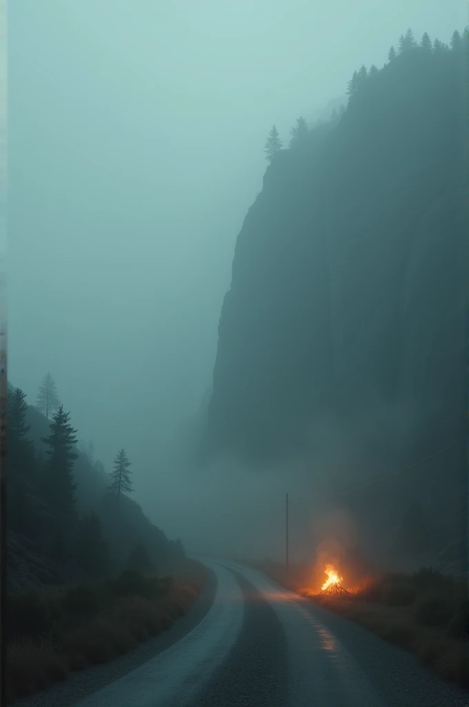 A background with certainly a foggy look back there. Theres on a road and perhaps a lit pyre back there next to a canyon wall