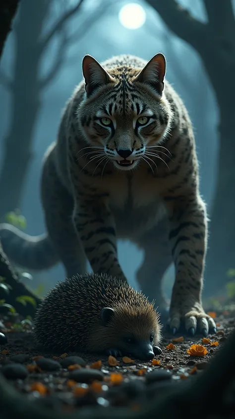 A fierce wildcat stands aggressively over a defenseless hedgehog in a dark forest. The wildcat, with its sharp, piercing eyes and tense muscles, has one powerful paw pinning down the hedgehog, which lies sprawled on the ground, curling slightly in fear. Sh...