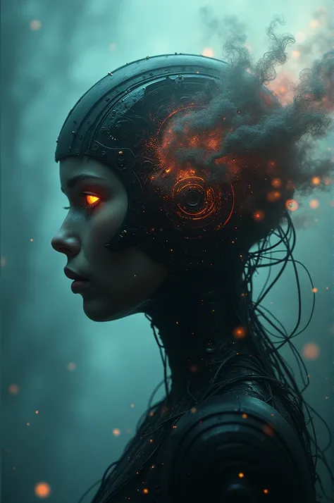 Create a visually striking image that encapsulates a dystopian future where technology has the power to enter dreams. In the center, depict a futuristic machine with intricate wires and pulsating lights, symbolizing the ability to share dreams. Surround th...