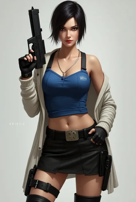 Jill Valentine, looking to camera. Holding gun up. Short hair. Short black skirt. Blue tube top. White cardigan around the waist. Knee high boots