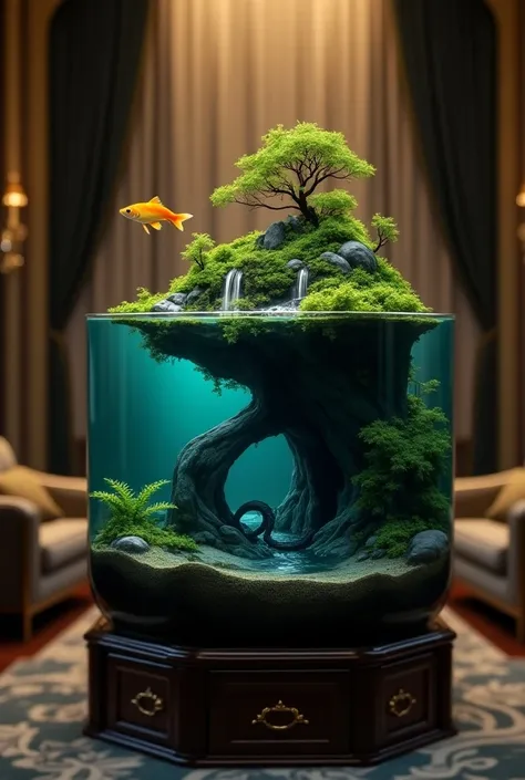 Create an image of an aquarium placed inside a beautifully decorated room. The aquarium features a single goldfish swimming gracefully. Above the water surface inside the aquarium, there is a small, detailed island covered with lush greenery, small trees, ...