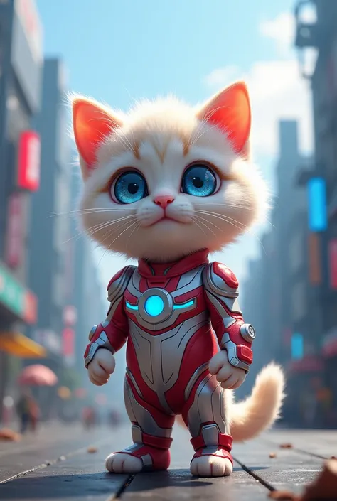 cute kitten, bipedal, transparent blue eyes, round eyes, ultraman costume, building background, 3D, illustration, (best quality,4k,8k,highres,masterpiece:1.2),ultra-detailed,(realistic,photorealistic,photo-realistic:1.37),cinematic lighting, vibrant colors...