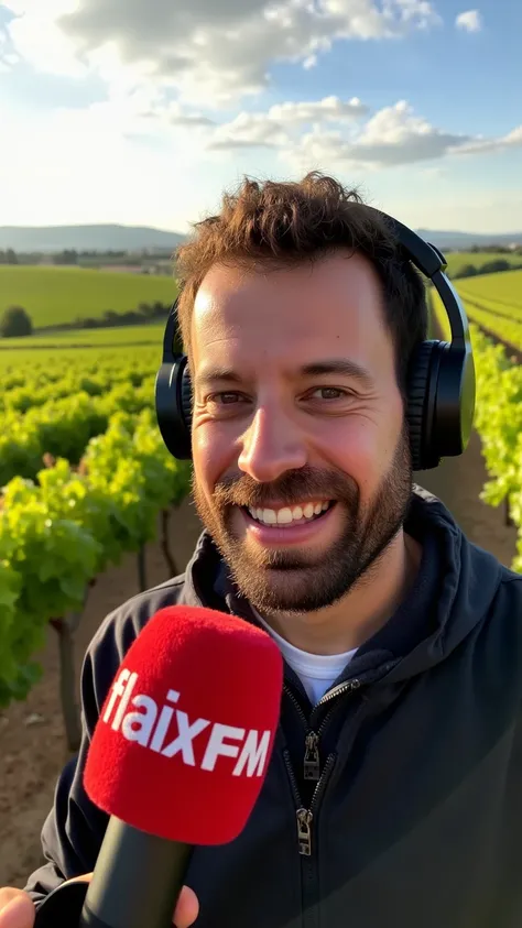 A hyperrealistic portrait of a male broadcaster speaking into a professional microphone with a red foam windscreen. The microphones windscreen prominently displays Flaix FM in white text. Hes wearing professional headphones and is standing in the middle of...