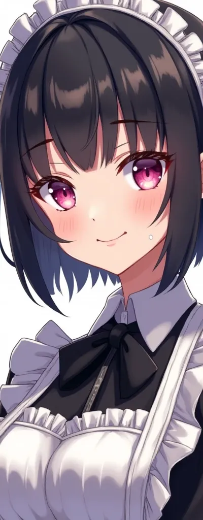 An anime-style character with short black hair and bangs that cover one eye. She has large, pink eyes with long eyelashes and a sparkle that brings her gaze to life. Her smile is slightly tilted, suggesting a confident or mischievous expression. She wears ...