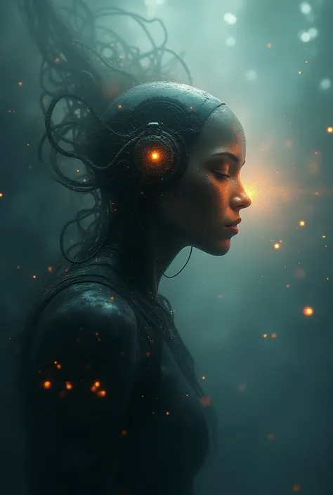 Create a visually striking image that encapsulates a dystopian future where technology has the power to enter dreams. In the center, depict a futuristic machine with intricate wires and pulsating lights, symbolizing the ability to share dreams. Surround th...