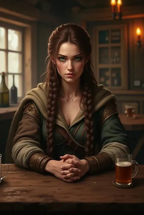 Her hair is brown and braided , green eyes, a warrior woman with white skin.  A warrior girl with white skin is sitting at the table in a davvette  