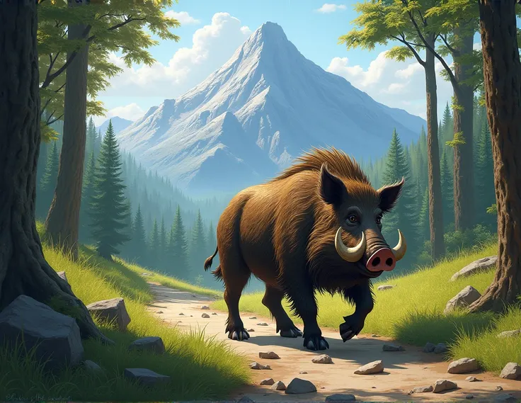 a wild boar walking along a path that leads to a mountain and behind you can see a forest  