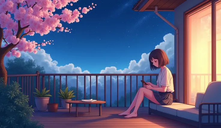 ((anime:1.4、Illustration))、(masterpiece、 High Quality、 High Quality)、(Super detailed、 absolute resolution )、((16k、 Hi-Res))、((balcony、cherry blossoms、Night Sky、Night view、Potted plants、Books、Coffee table、Sofa))((居心地の良いローファイIllustration:1.4))、((anime:1.4、Il...