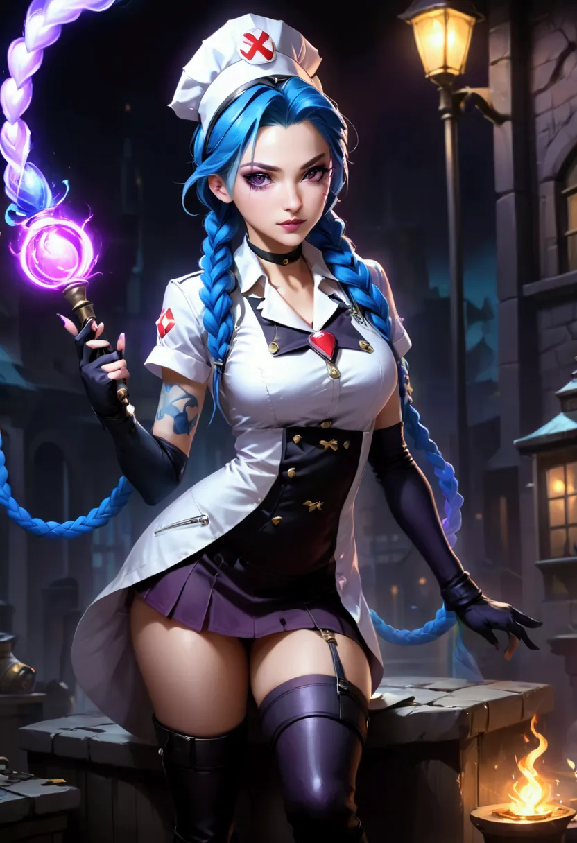 league of legends ，jinx ，punk style eye makeup ，nurse hat，(white nurse costume)，the blue double twist braid ，whole body，( knee-h...