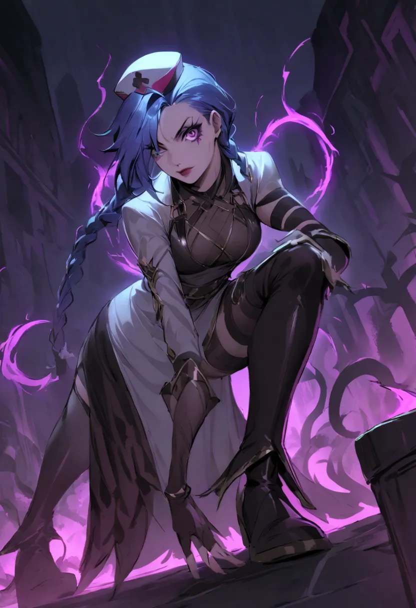 league of legends ，jinx ，punk style eye makeup ，nurse hat，(white nurse costume)，the blue double twist braid ，whole body，( knee-h...