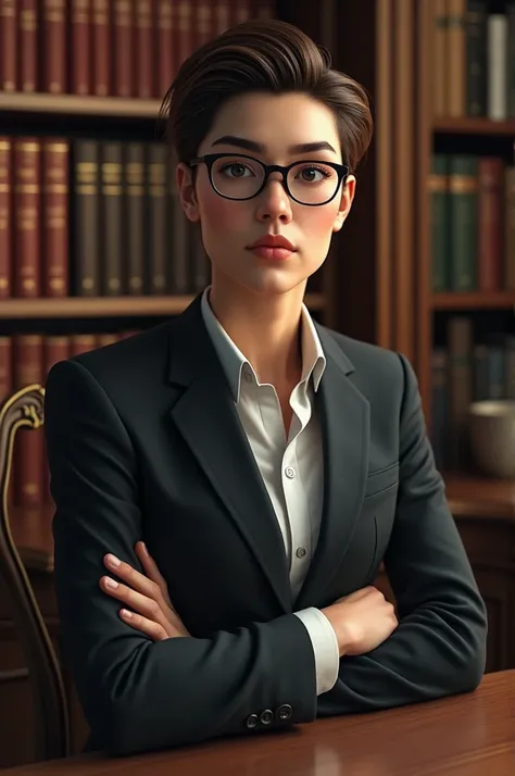 I want to draw a picture of an Advocate  who is want to be a judge, background law firm, eyeglasses, smart, cool, 40 years old, High Resolution, Brown Hair, High Details, HD, Super Detailed