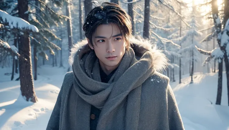 a beautiful man with japanese face,walking through a snowy forest,snow covered trees,winter landscape,cinematic lighting,dramatic shadows,soft warm colors,detailed facial features,piercing eyes,perfect skin,flowing hair,elegant posture,intricate clothing,p...