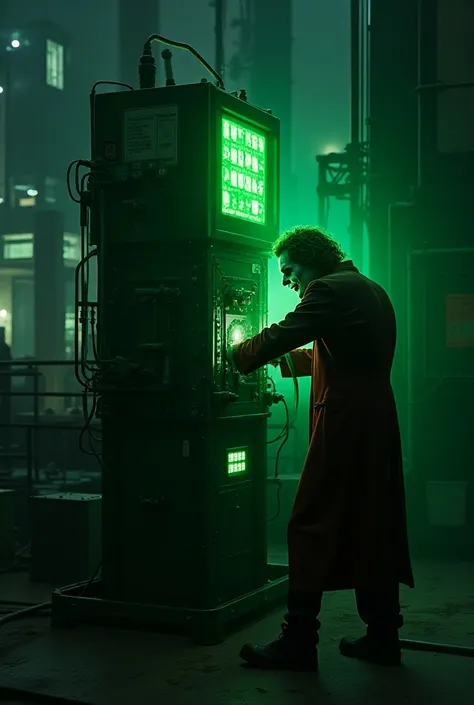 Joker working on a big green glowing machine in a factory at night 