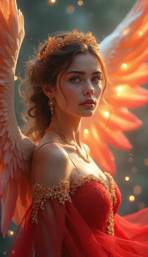 Create a realistic and stunning image prompt for a Turkish woman depicted as an angel, wearing a dress that incorporates the colors of the Turkish flag. The womans face should be a masterpiece of beauty, with a glowing and ethereal quality. Use an eye-catc...