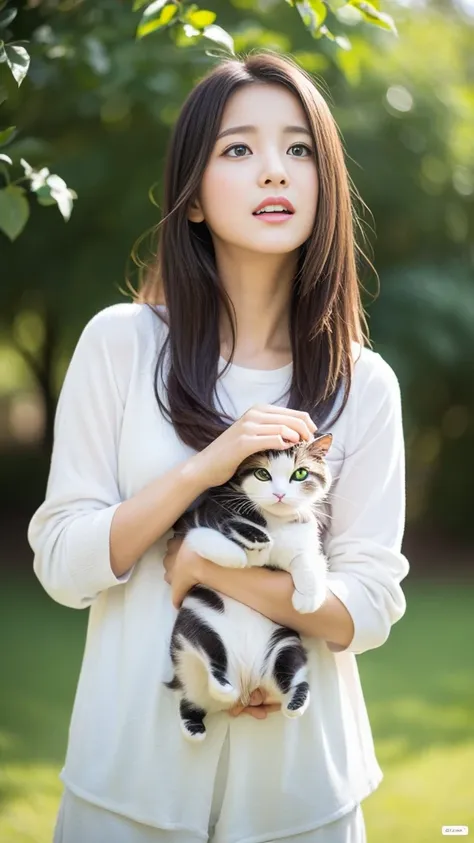 Create a highly detailed and realistic image of a beautiful young girl with soft, natural-looking features, dressed in a casual yet cute outfit. She is gently holding an adorable White cat with big, expressive eyes and a cute, small nose. The black cat has...