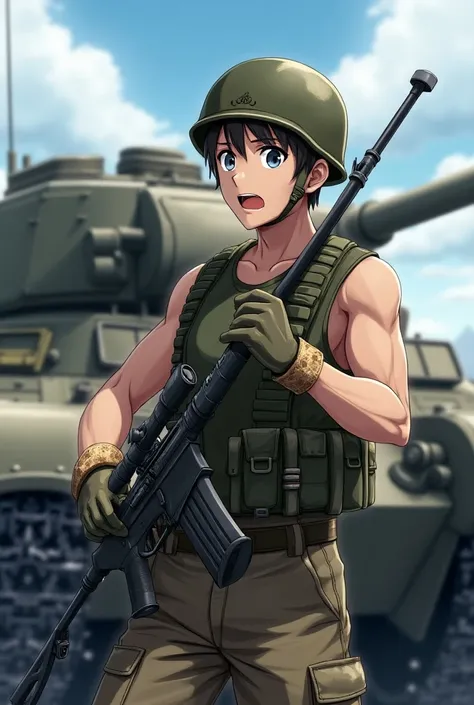 (masterpiece, best quality, high resolution),
 Anime male soldier beside a tank tank top, short hair, open mouth, blue eyes, military,
 military uniform, gloves holding sniper rifle, wearing soldier helmet