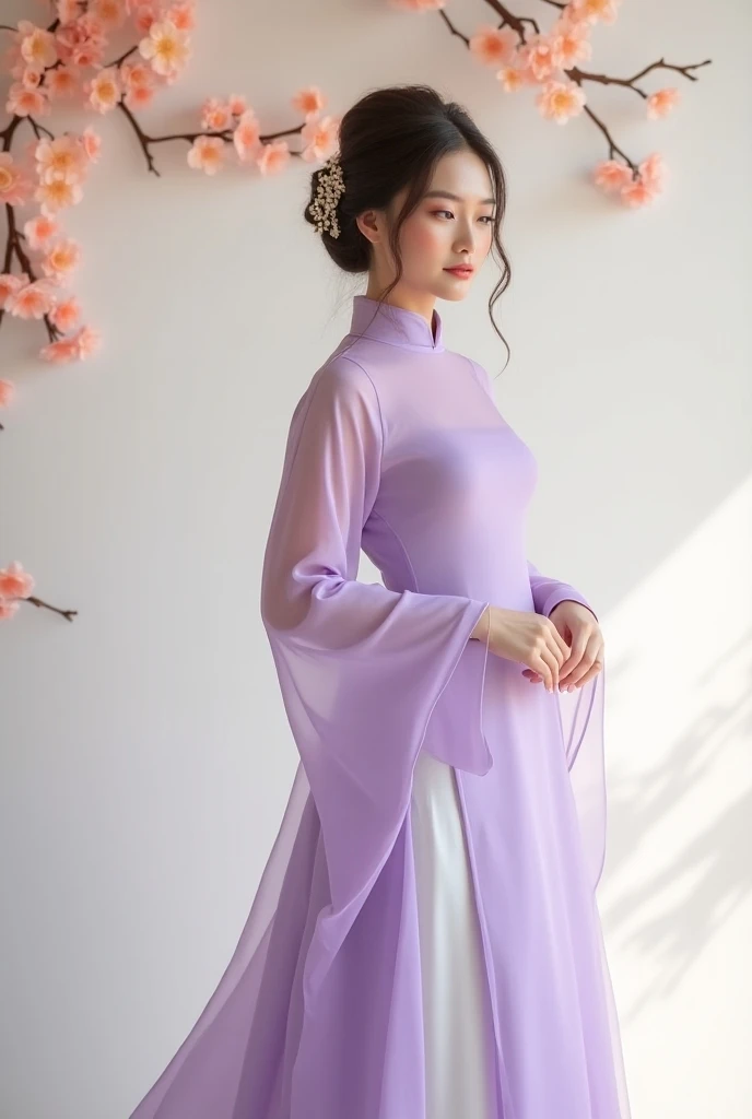 4k high definition image of a lady wearing a very beautiful and gorgeous Vietnamese ao dai. The purple ao dai looks very delicate. Behind is a white stage wall with peach colored flowers on the wall. The light is realistic and clear