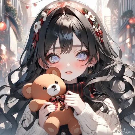 A shot showing all of my head！ゴスロリ系womanの子。 Evangelion Aska 。 3D Gothic Lolita 、woman、Winter clothes、sweater、 muffler 、 Christmas。Holding a teddy bear、cute。beautiful。nice。 long curled eyelashes 。Nail。Hairstyle:  Long Straight Curly Hair 。 clear double eyel...