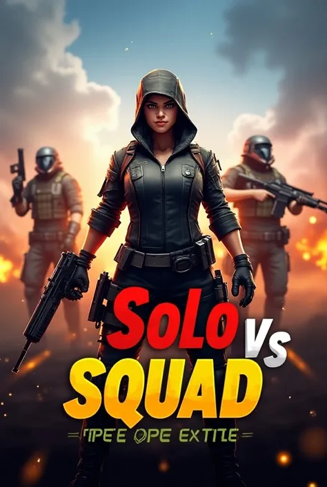 For a YouTube thumbnail idea for the title "Solo vs Squad Free Fire Gameplay Video," heres a suggestion:

1. Background:
Use an action-packed background from the game itself, like a dramatic battlefield scene, with explosions or intense combat happening in...