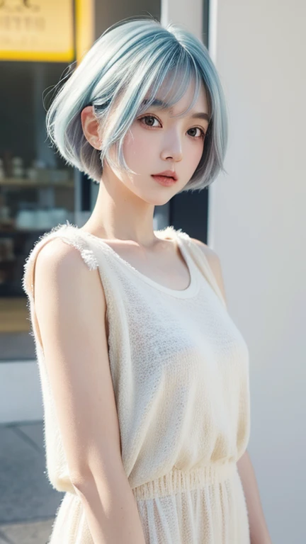 「 pastel bob 、 fluffy styling 、 Clear Skin 、 simple and stylish monotone fashion 」
 pastel bob で、Highlight coloring 。Fashion is simple yet shows a sense of trend。
