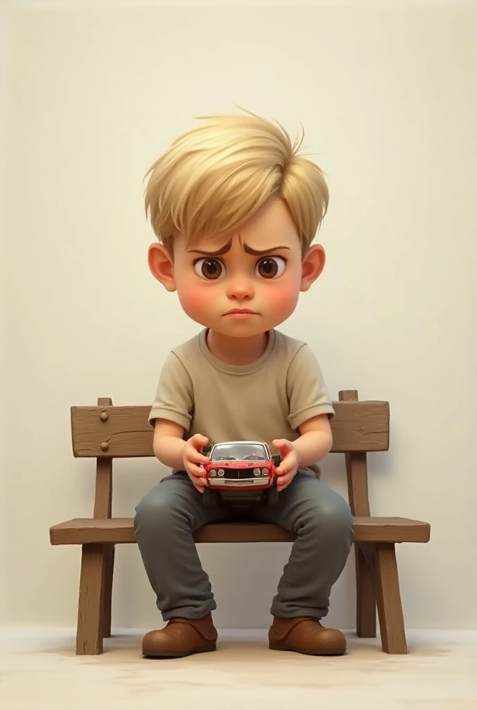 One boy is angry, he has light brown eyes and he is blond, he is wearing a T-shirt and pants, he is sitting on a bench holding a broken car and is angry.